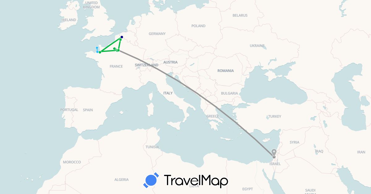 TravelMap itinerary: driving, bus, plane, boat in France, Israel, Jersey (Asia, Europe)